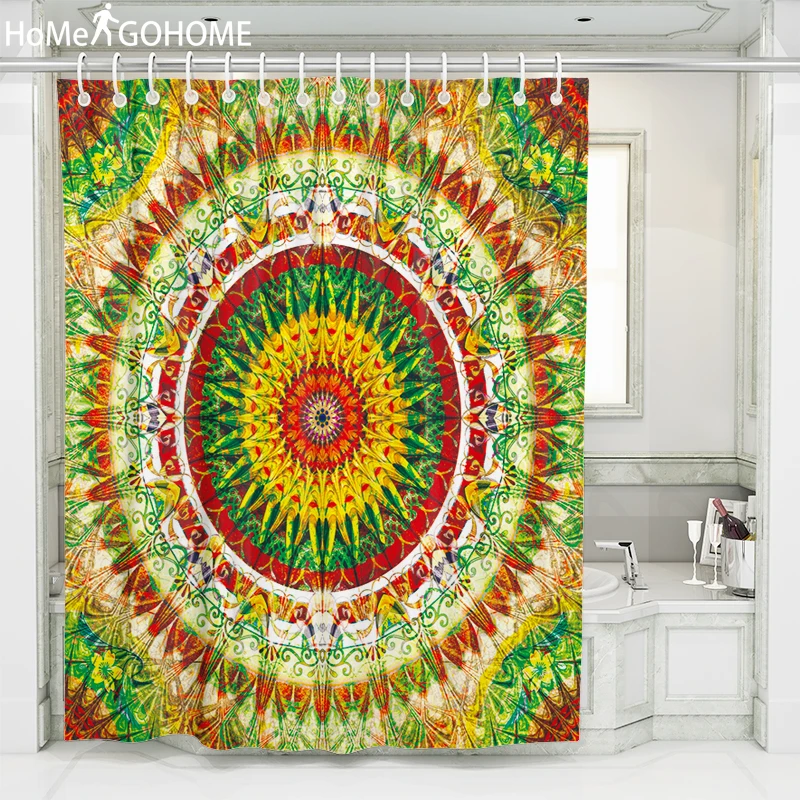 

Mandala Fabric Shower Curtain Waterproof Bath Curtain Large Drapes Rainbow Gradient Artistic Flowers Bathroom Curtain with Hooks