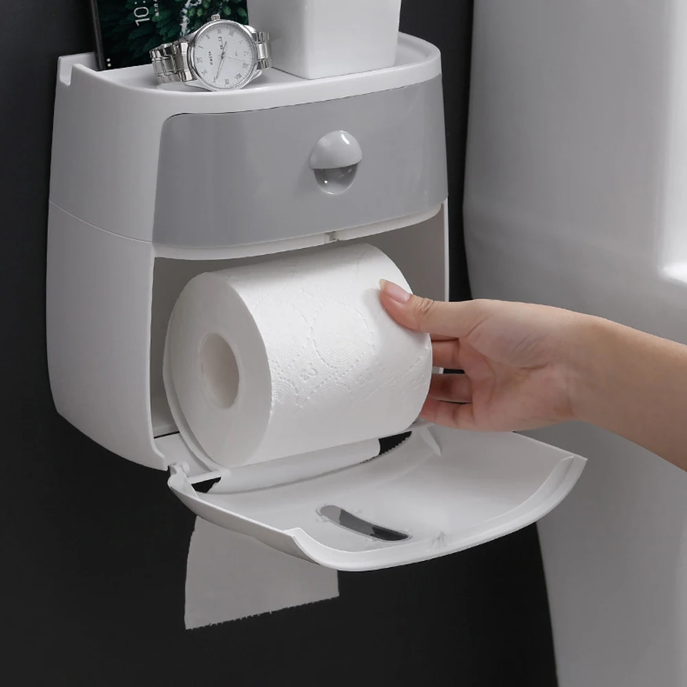 

Modern Style Waterproof Toilet Paper Holder Bathroom Double Paper ABS Box Punch-Free Wall Mounted Paper Shelf Toilet Dispenser