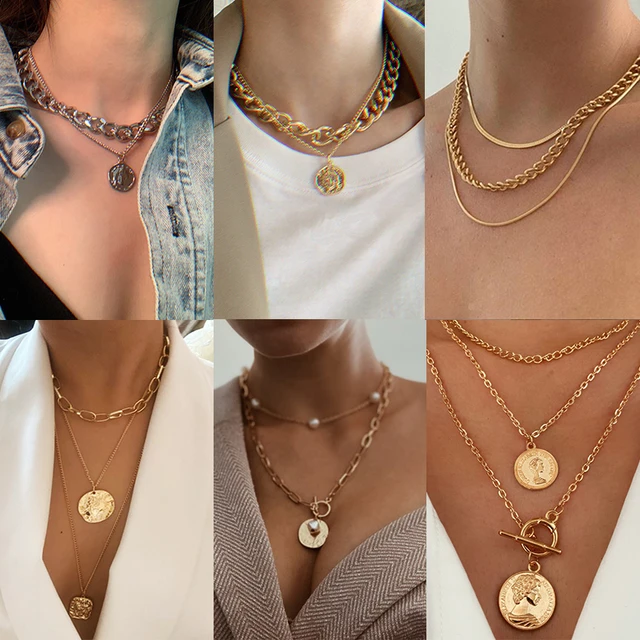 17KM Multi-capa largo collar moneda de oro para mujeres flor cadena colgantes con diseño de retrato collares 2020 nuevo regalo de la joyería de moda _ - AliExpress Mobile