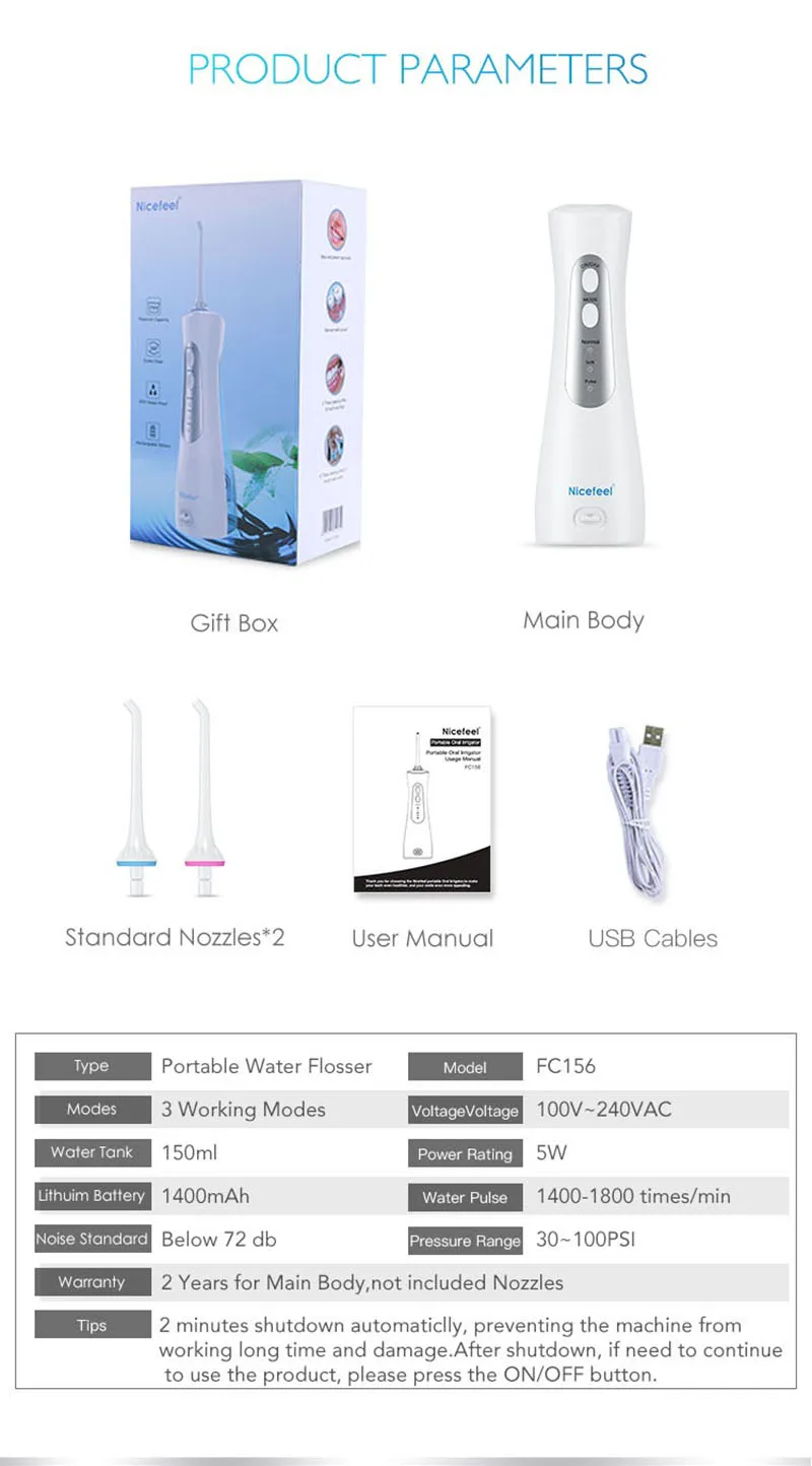 Cordless Water Flosser Teeth Cleaner, Nicefeel 150ML 2 Stamdard Nozzles And USB Rechargeable Oral Irrigator for Travel, IPX7