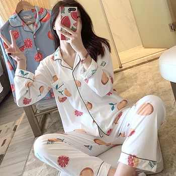 

Fashion New Women Pajamas Set Cartoon Fruit Print Shirt + Trousers Long Sleeve Cardigan Lapel Sleepwear