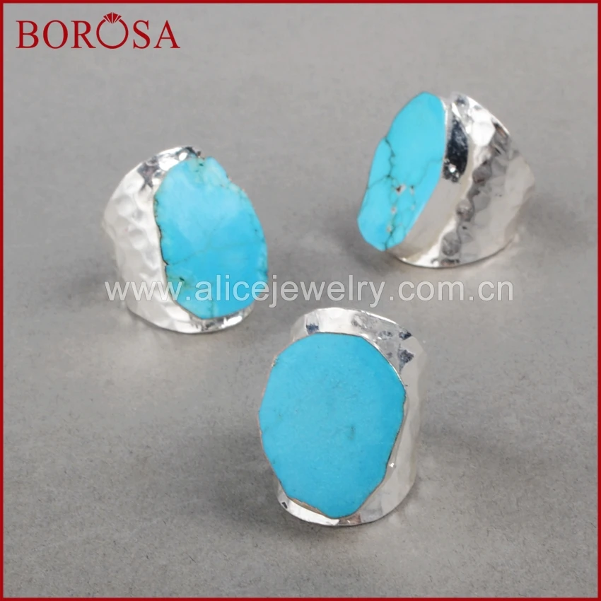 BOROSA, 5 шт., серебряное покрытие, произвольной формы, голубой камень Howlite, манжета, кольцо, Druzy, ювелирные изделия Howlite, регулируемые кольца, ювелирные изделия для женщин, S0208
