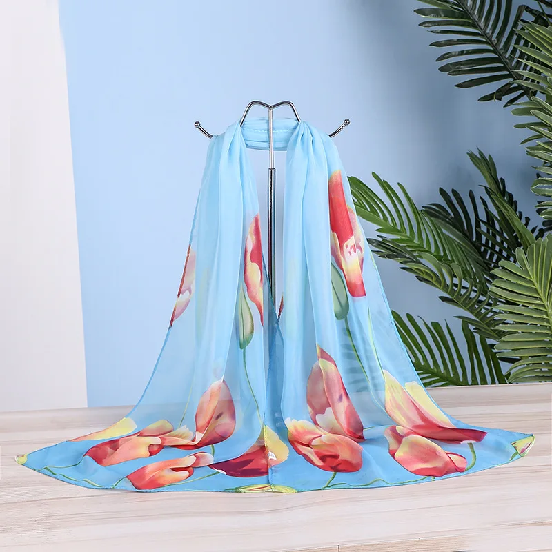 

New Korean Version of The Wild Chiffon Scarf Summer Small Scarf Printed Silk Scarf Scarf Women's Thin and Long Shawl Dual-Use
