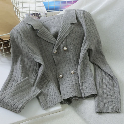 Gagarich осенний свитер, корейский стиль, длинный рукав, короткий, вязаный, двойной рукав, однотонный, v-образный вырез, кардиган, женский, прилива - Цвет: Gray