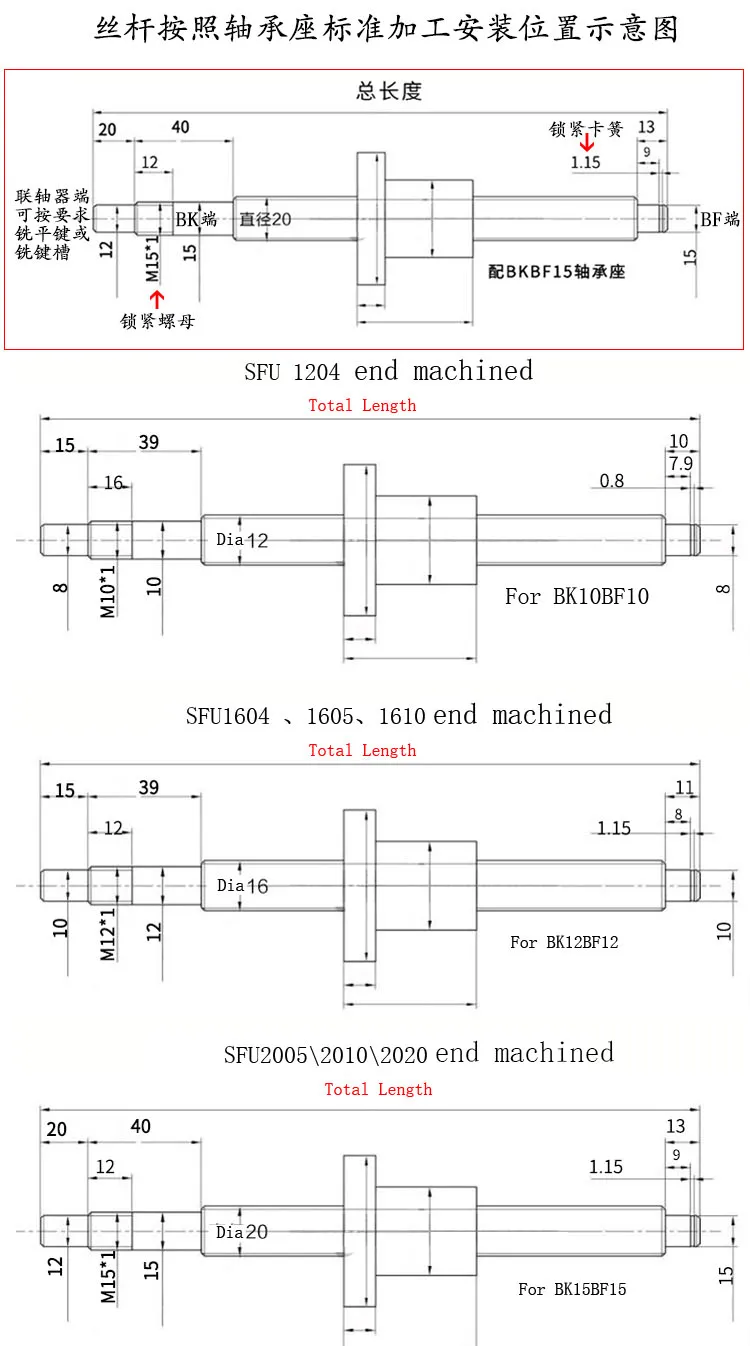 Шариковый винт SFU1204/SFU1605/SFU1610/SFU2005/SFU2510 Концевая обработка с гайкой C7 22 мм 24 28