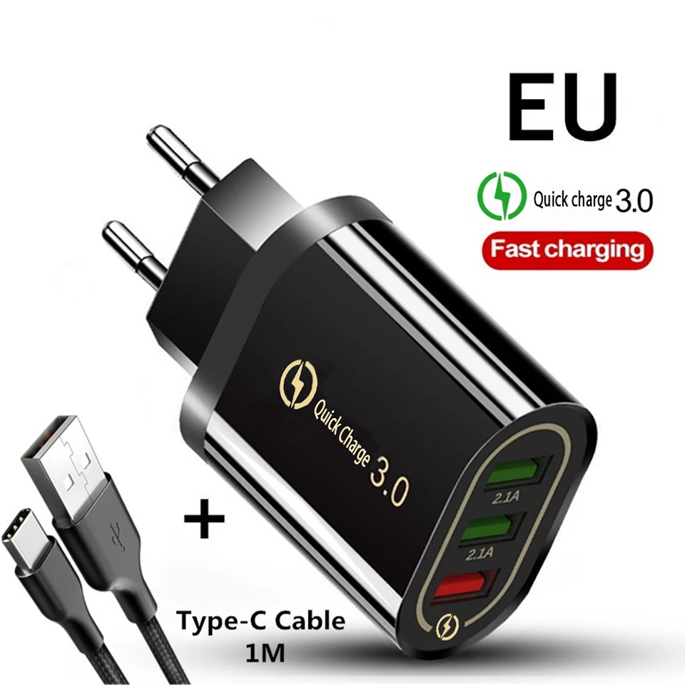 EU TypeC Cable Black Хорошая 3 Порты и разъёмы USB Зарядное устройство Quick Charge 3,0 для IPhone X 7 samsung huawei P30 Xiaomi 5V 3A ЕС США штекер Адаптер зарядки мобильного телефона - Тип штекера: EU TypeC Cable Black