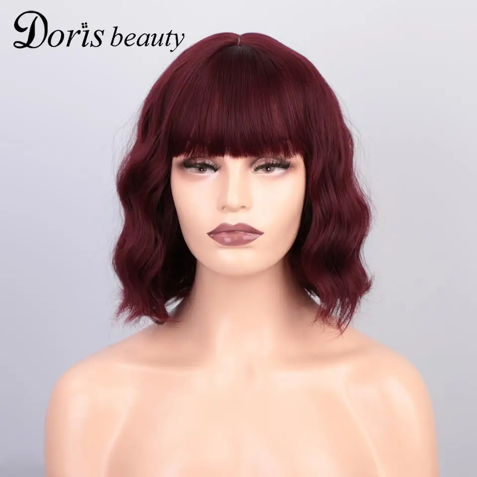 Pink Lolita Wig Purple Bangs Short Natural-Hair Water-Wave Brown Synthetic Women 
