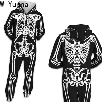 

W-Yunna Skull Print Hooded Onesie Women/men Loose Full Length Ombinaison Onepiece Adult Pyjama Cosplay Halloween Jumpsuits