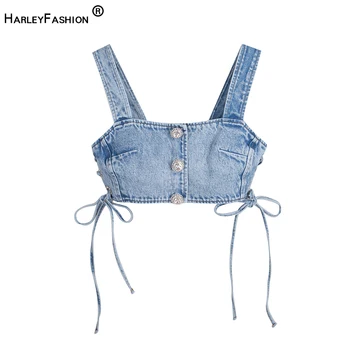 

HarleyFashion 2020 New Summer Holiday Beach Style Women Denim Vest Straps Diamonds Buttons Sexy High Street Short Camis Tops