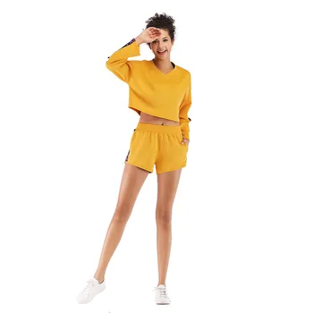 

Two Piece Set Top and Pants Shorts 2020 Summer Clothing Young Style V-Neck Pullover Preppy High Waist Shorts Knitting Cotton
