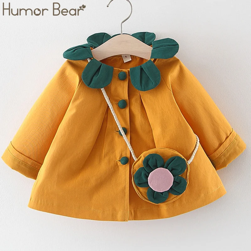 Humor Bear/Коллекция года, осенняя одежда для маленьких девочек платье принцессы с лепестковым воротником пальто с длинными рукавами и пуговицами+ сумка с цветочным принтом, детская одежда из 2 предметов