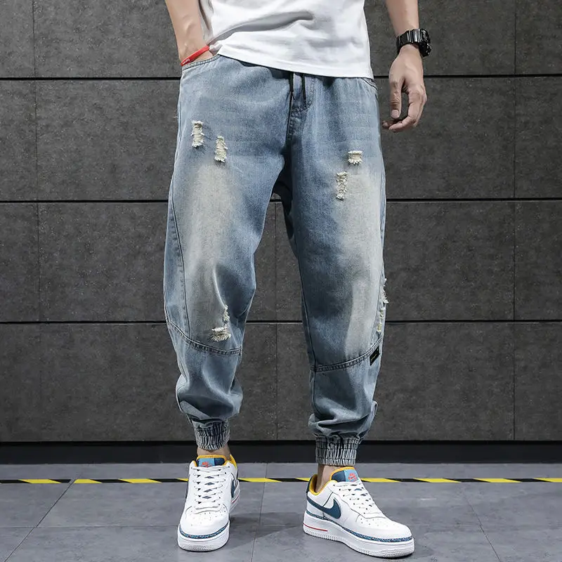 2022 New Hip Hop Harem Jeans Pants Men Loose Joggers Denim Casual Sweatpants Korea Ankle Length Trousers Streetwear Male Clothes | Мужская