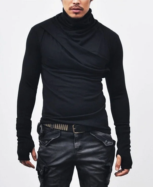 Men cowl neck Thumb Hole Cuffs t shirt Long Sleeve Casual T Shirt Turtle  Neck Silm Fit T-shirt hip hop streetwear - AliExpress