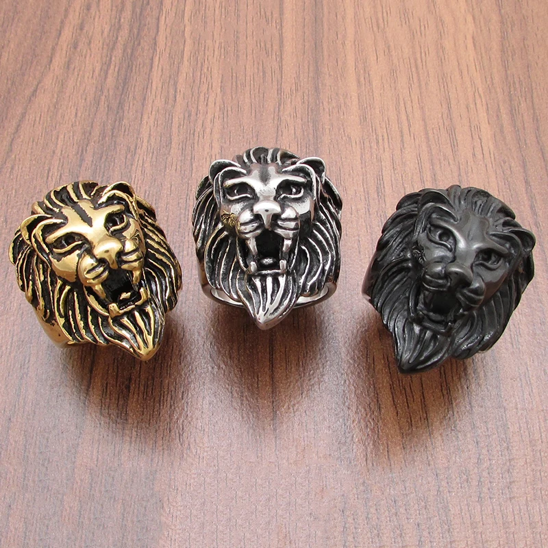 Punk 316L Stainless Steel Silver Color Gold Black Plated King Lion Head Ring Jewelry 5