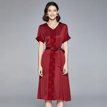 

Dress Summer 2020 New Women's Fashion V-Neck Short Sleeved Polka Dot Patchwork Lace-up Waist A-Line Dress Over The Knees S-XL