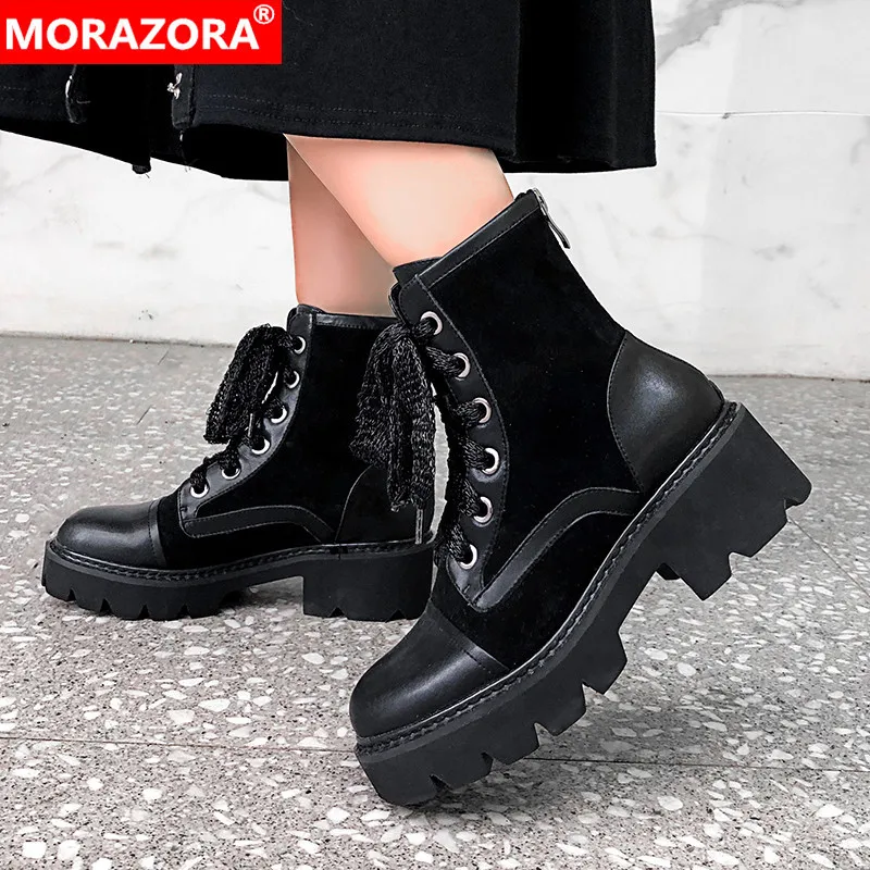 

MORAZORA 2020 new arrival women ankle boots genuine leather platform boots lace up autumn fashion square heels punk shoes woman