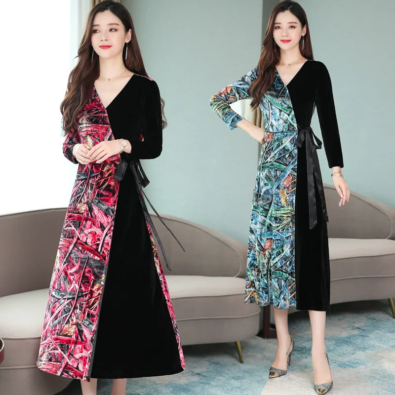 

Photo Shoot Autumn Gold Velvet Dress Women's 2019 New Style Lady over-the-Knee Skirt Base Elegant Skirt