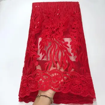 

New Shining French Lace Fabric Beautiful Red Flower African Sequins Lace Fabric, African Lace Fabric 2019 for Party Dress