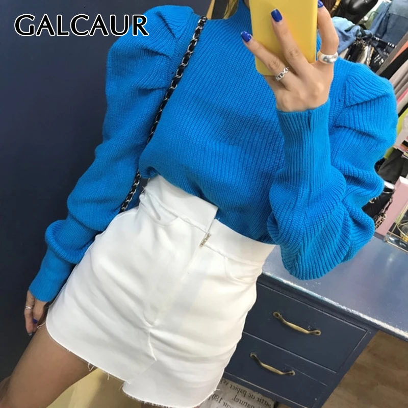 Свитер Женский вязаный оверсайз GALCAUR с круглым вырезом и пышными длинными