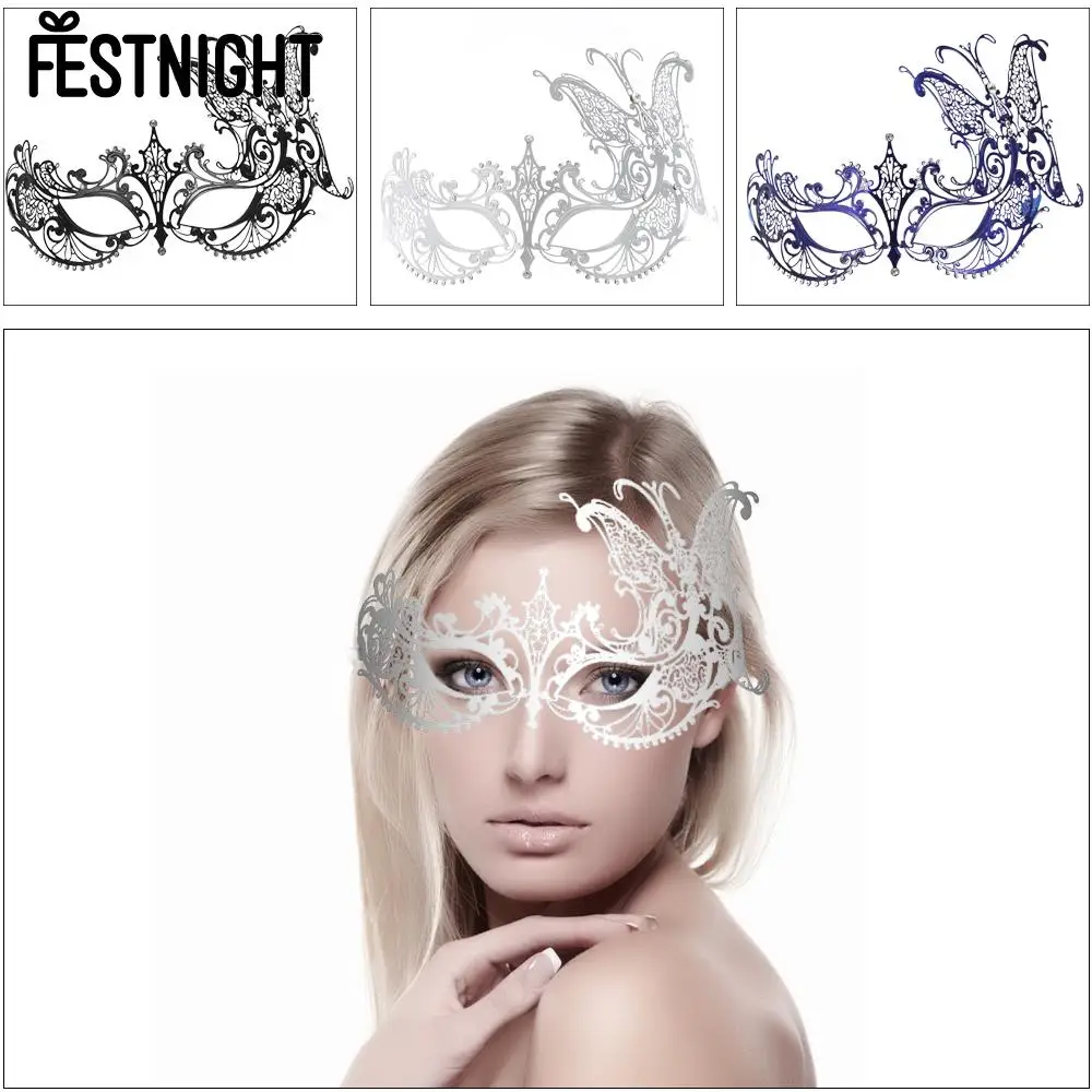 

FESTNIGHT Butterfly Mask Cosplay Blue/Black/Sliver Metal Half Mask with Rhinestones Masquerade Ball Halloween Mask Party Decor