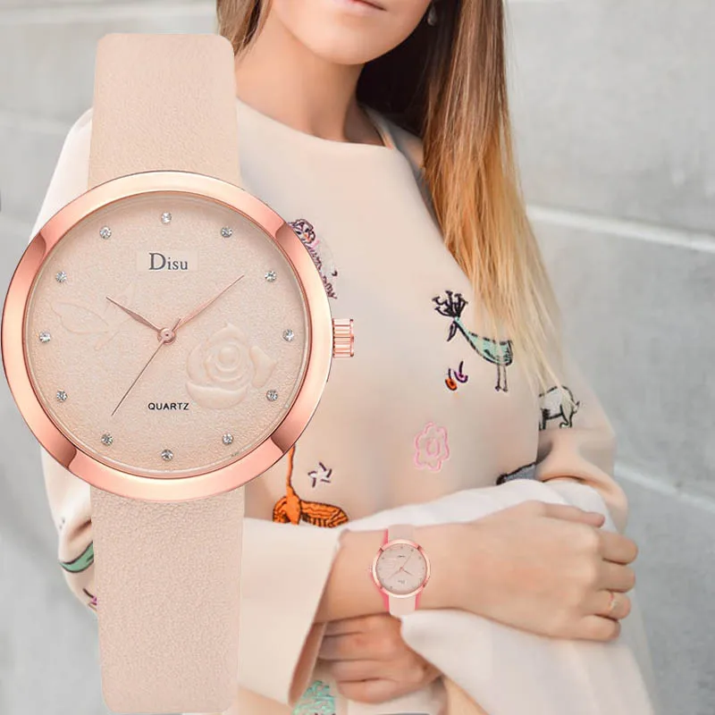 

2019 Minimalist Leather Watch Ladies Simple Pink Flower Pattern Casual Dress Quartz Clock Women Wrist Watch Gift Reloj Mujer