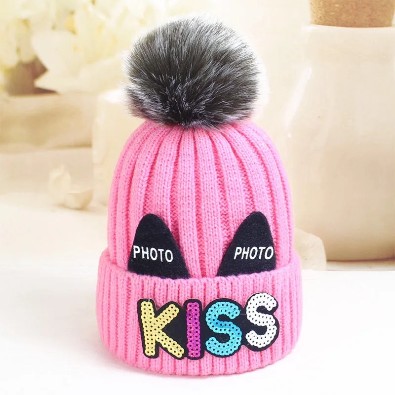 kiss-pink Теплые детские шапки на осень и зиму, для мальчиков и девочек 1-3 лет, с милым рисунком «поцелуй» и бархатным толстым пуловер и шапка - Цвет: kiss-pink