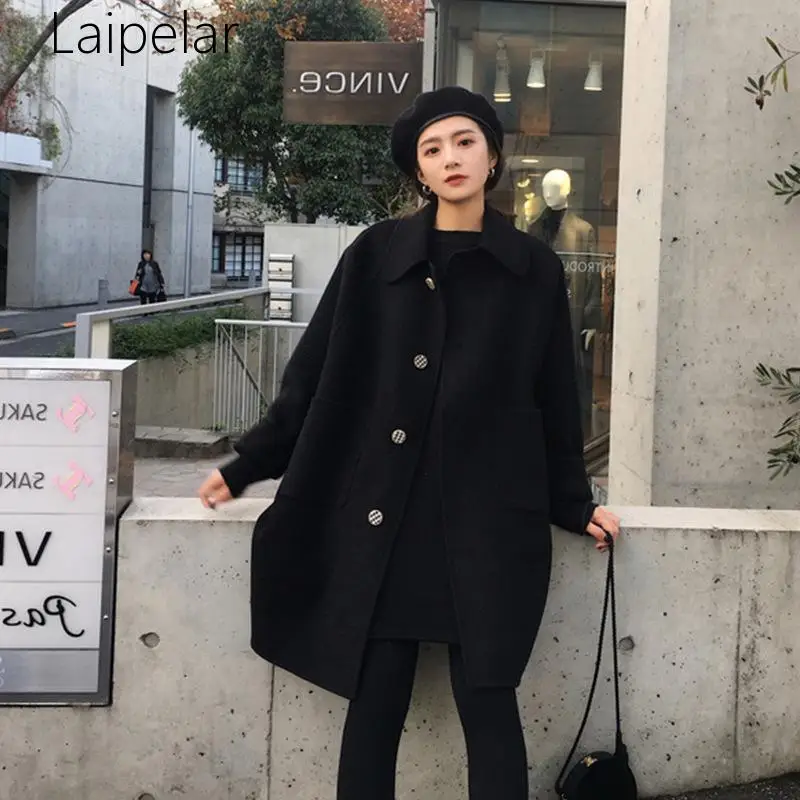 Laipelar Новое Женское пальто зима Новое корейское пальто Свободное повседневное толстое черное шерстяное пальто шерстяное Женское пальто плюс размер длинное пальто