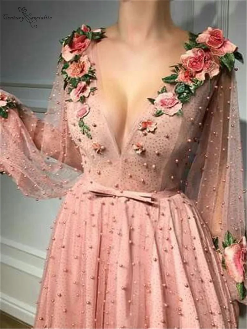 Розовые платья для выпускного вечера, длинные рукава, жемчуг, 3D цветы, молния сзади, женские вечерние платья, вечернее платье, Robe De Soiree