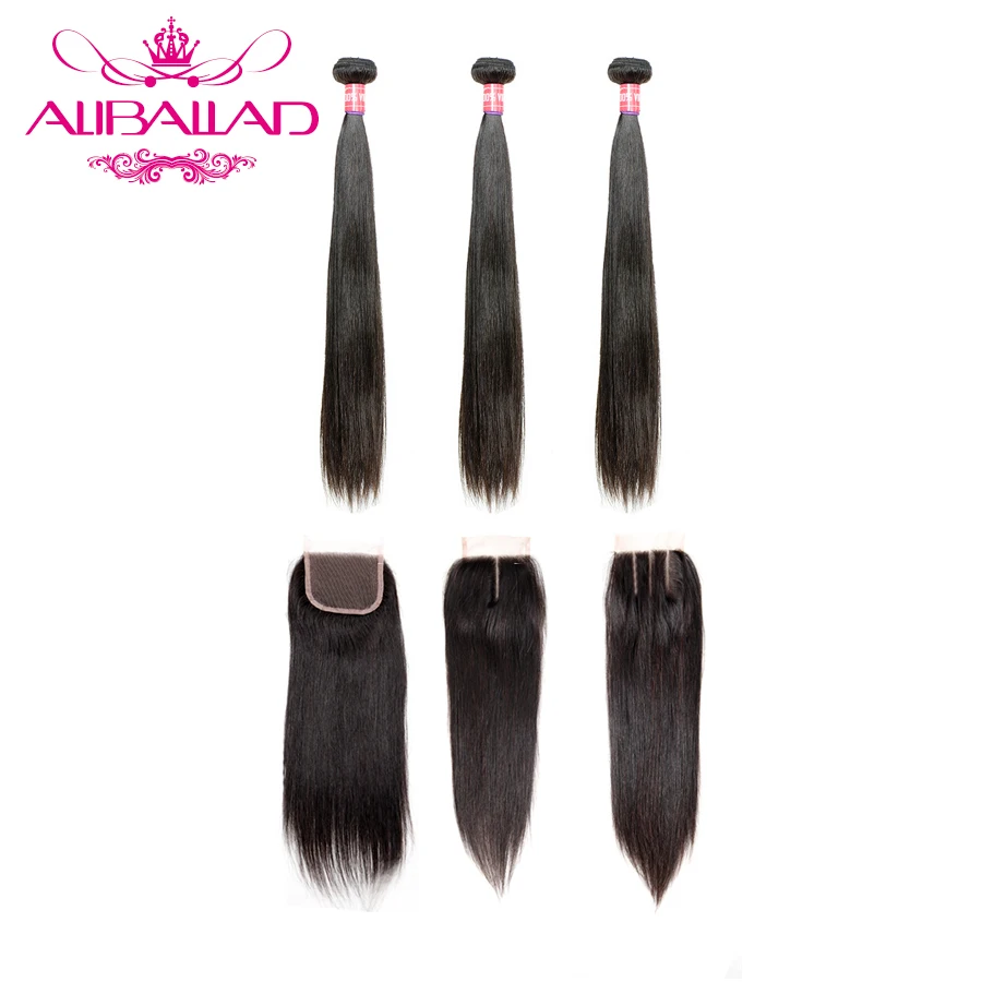 

Aliballad Straight Brazilian Hair Weave 3 Bundles With Closure Free Part 4x4 Swiss Lace Remy Human Hair Bundles With Closure