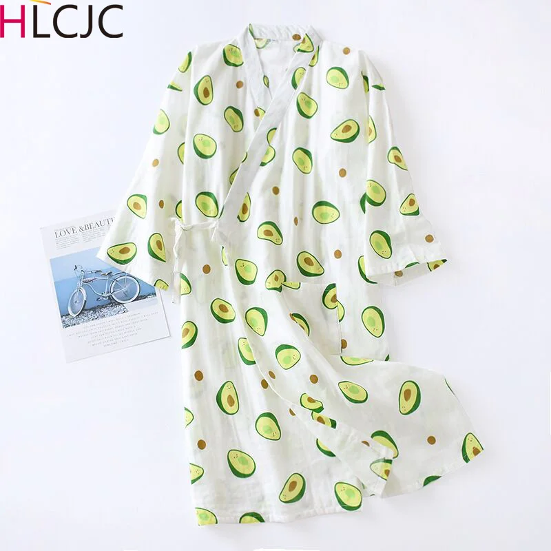 

Summer Spring 100% Cotton Robes Double Gauze Kimono Nightgown Simple Nature Avocado Thin Loose Large Size Home Bathrobe pajamas