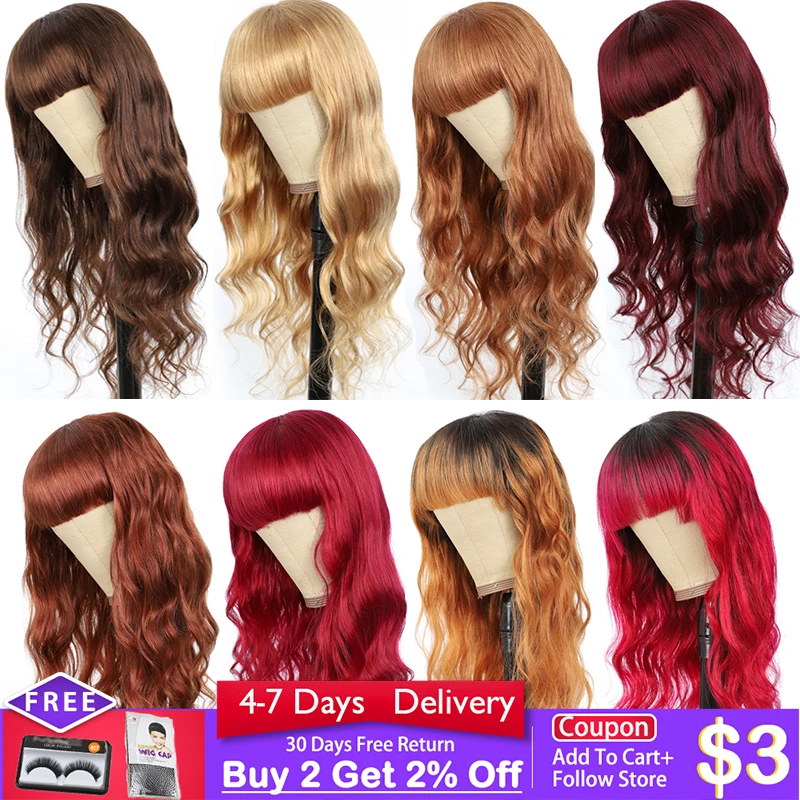 Body Wave Human Hair Wigs With Bangs Blond Brown Red Ombre Hair Wigs For Black Women IJOY Non-Remy Colored Full Machine Made Wig