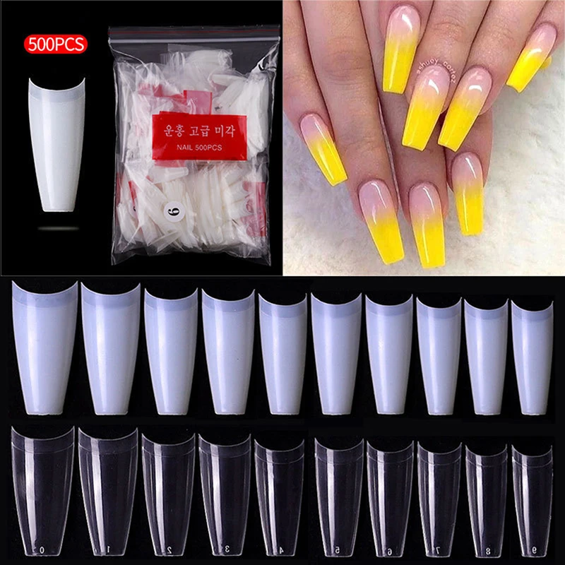 500Pcs Clear Natural Extra Long Stiletto Fake Nail Tips Set Acrylic Half Cover Transparent Salon False Nails
