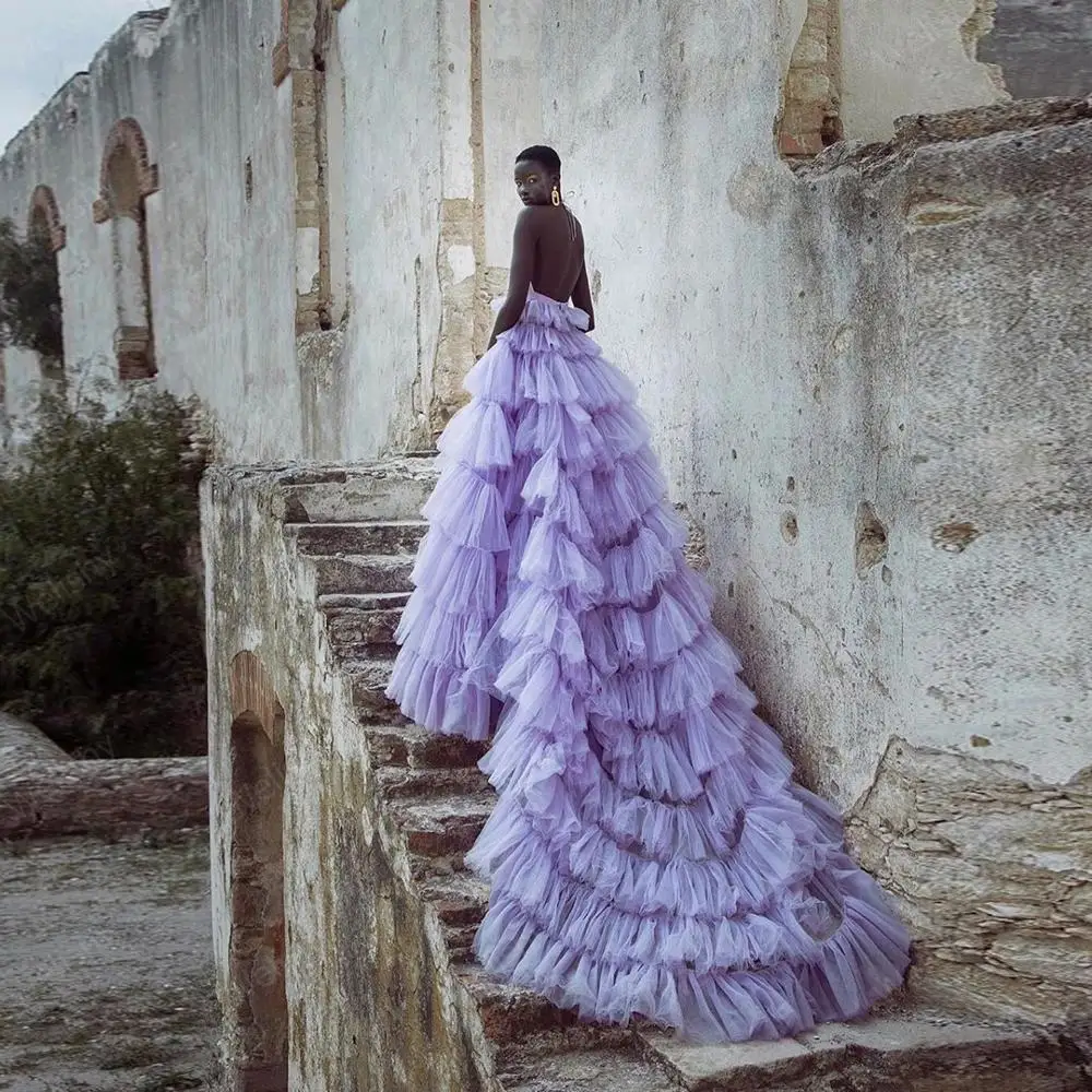 Sexy Tiered Ruffle Tulle Dress 2021 Women Deep V-Neck Backless Long Tulle Dresses With Train Evening Prom Grown Custom Made