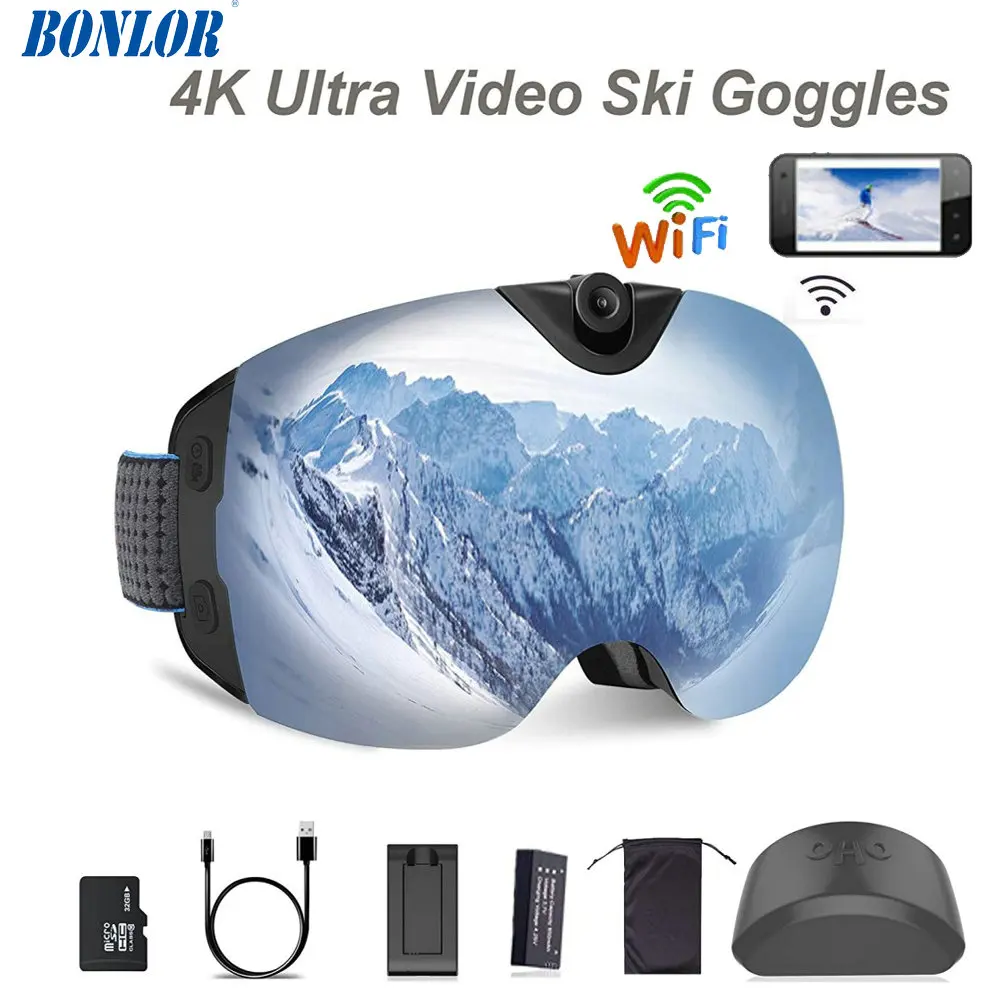 

WIFI Camera 4K Ultra Video Ski-Sunglass Goggles Super 1080P 60fps Video Recording Anti-Fog Snowboard UV400 Protection Lens