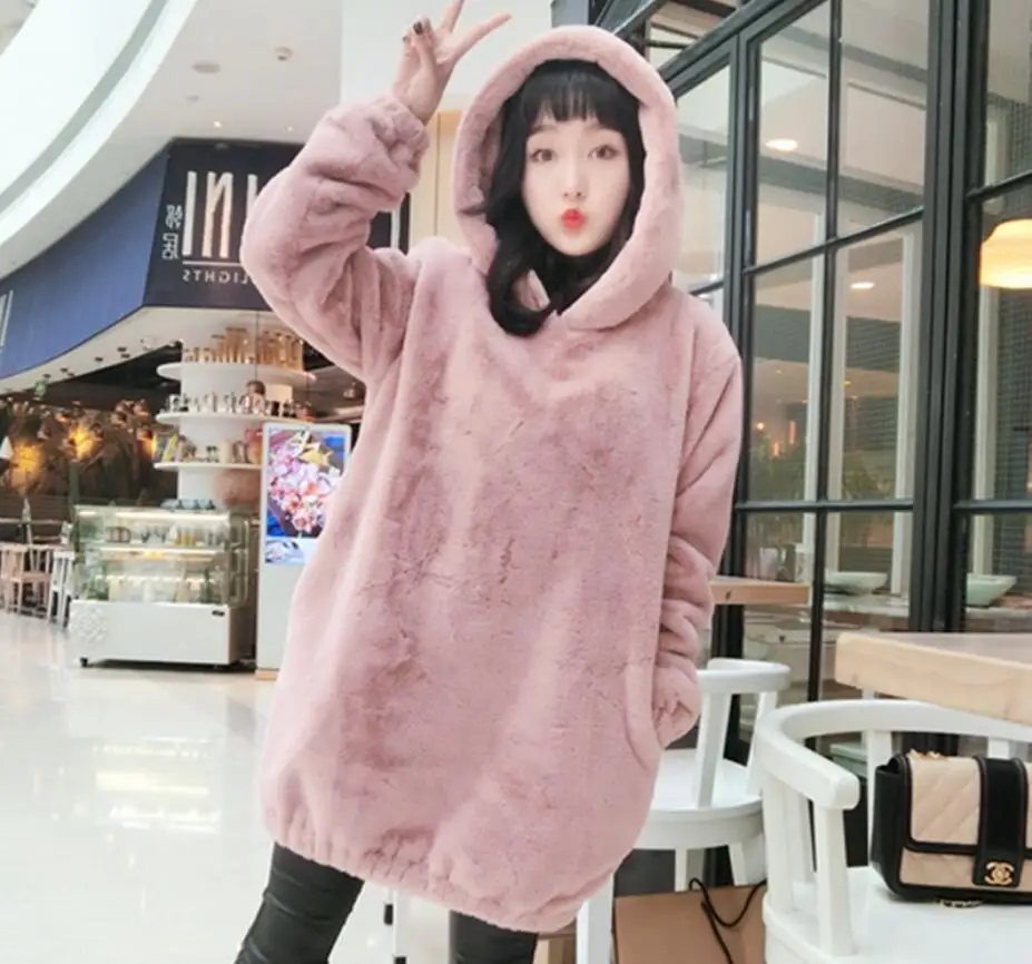 Plus velvet fur hoodie female winter loose long section Korean version new fur coat hooded thick plush coat
