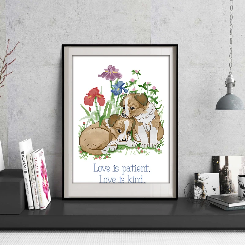 

Joy Sunday DIY Cross Stitch Kits Love of two puppies pattern Printed Chinese embroidery needlework suitable for home decoration