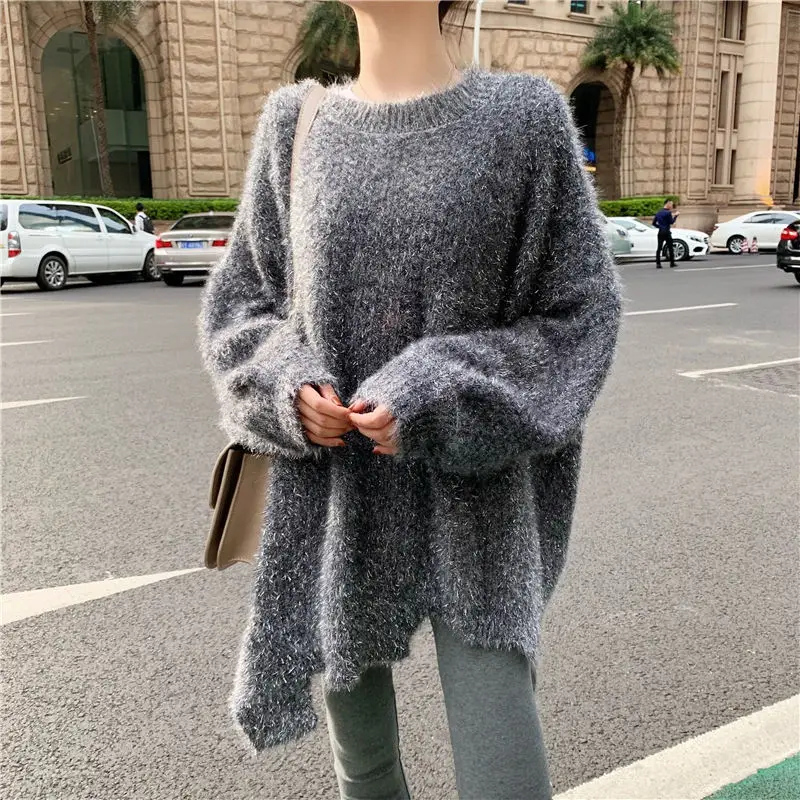 gray sweater women RealShe кашемировый женский свитер, круглый вырез, длинный рукав, Одноцветный ассиметричный женский свитер, весенние повседневные осенние свитера для женщин - Цвет: gray sweater women