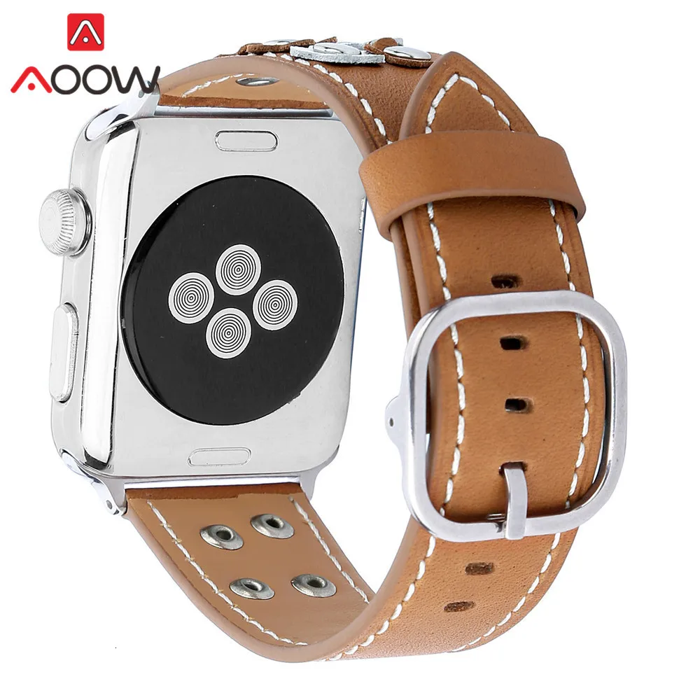 Ремешок для часов из натуральной кожи для Apple Watch, 38 мм, 42 мм, с заклепками, украшенный цветами, для женщин и мужчин, для замены, для мужчин, ремешок для iwatch 1, 2, 3