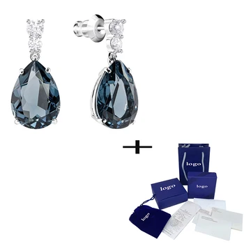 

SWA Classic Shiny Exquisite Cyan Crystal Drop Pierced Earrings Elegant Vintage Lady Romantic Jewelry Best Gift