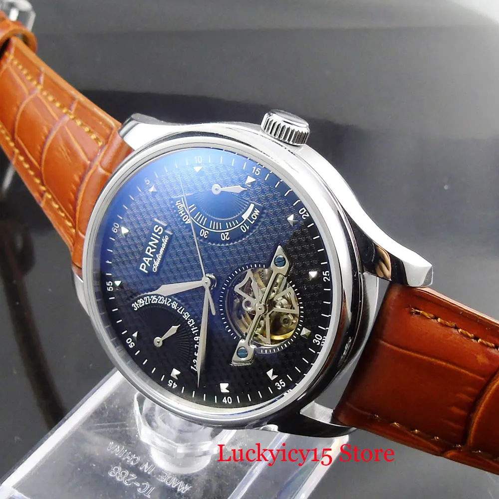 

Fashional PARNIS Men Watch 43mm Black Dial Power Reserve Indicator Date Wristwatch ST2505 Movement