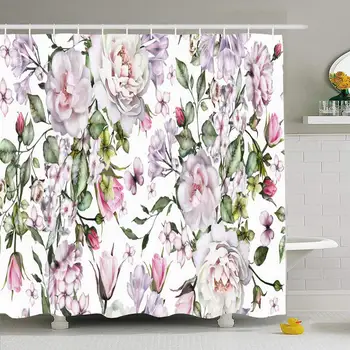 

Shower Curtain Set with Hooks 72x72 with Furniture Drawn Pattern Wrapper Structure Flowers Paper Painting Exotic Leaves Hand