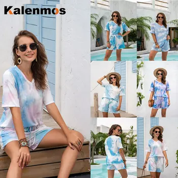 

KALENMOS Lounge Wear Two Piece Sets Women Tie Dye Print Homewear Casual Tshirt Biker Shorts Sports Tracksuits Sleepwear Pajamas