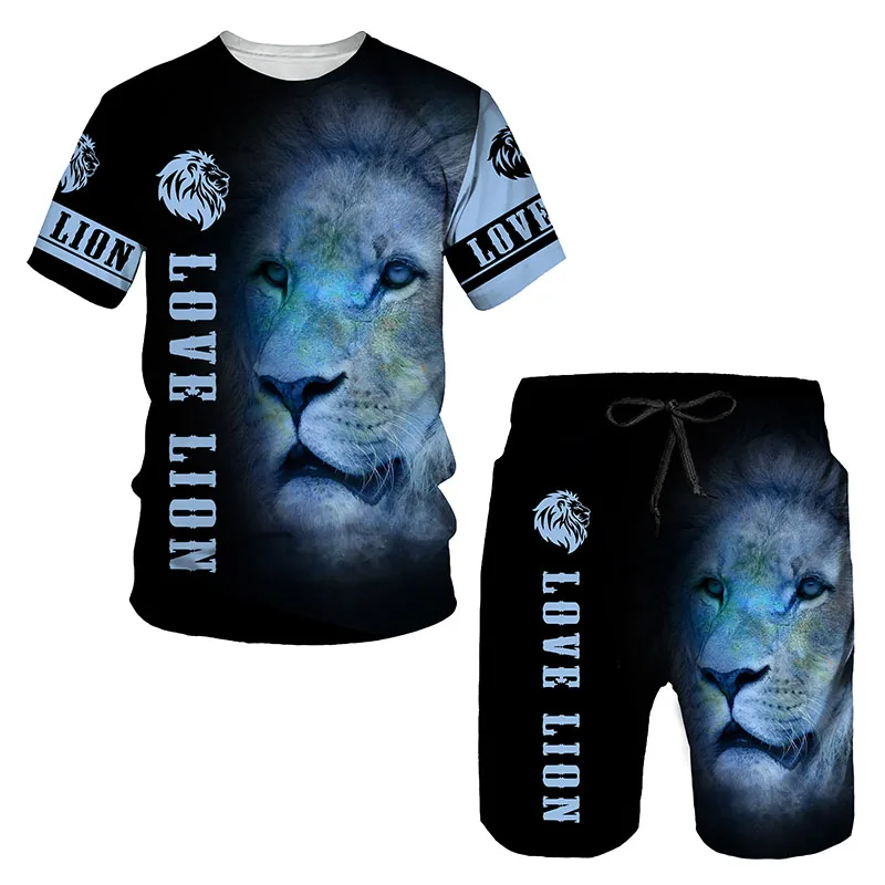 Summer 3D Printed Men's T-shirt Shorts Set Ferocious Lion Men's Sportswear Tracksuit O Neck Short Sleeve Cool Men's Clothing Su