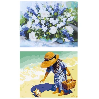 

2 set Unframed Acrylic Paint By Number Kit DIY Oil Painting Canvas Digital Home Decor- Lavender Flowers & Cute Girl