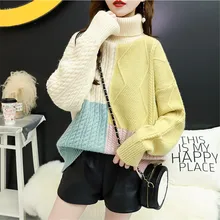 

2021 Autumn New Women Color Block Knitting Sweater Pullover Tops Turtleneck Loose Casual Lady Warm Knitwear Casual Pull Femme