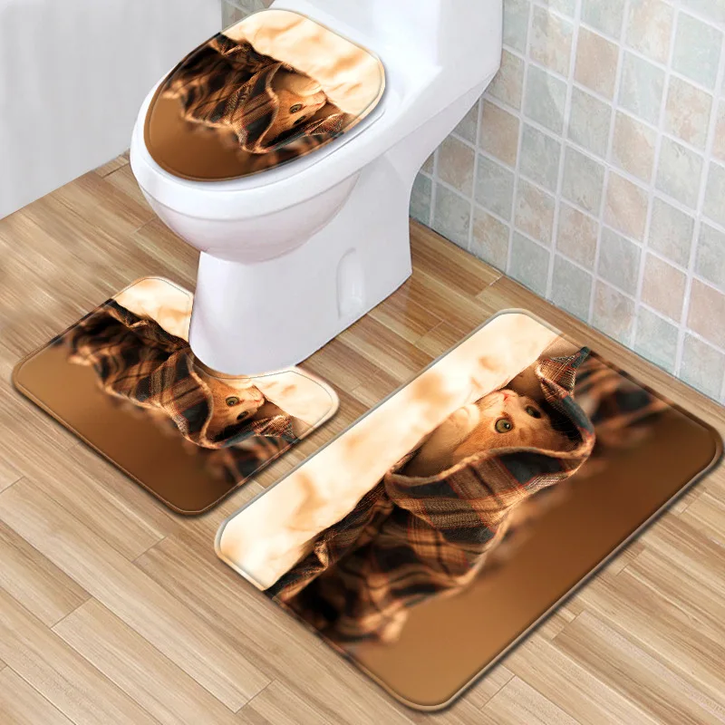 

Animal toilet floor mat 3-piece bathroom 3-piece carpet doormat bath mat shower curtain set bath mats rugs