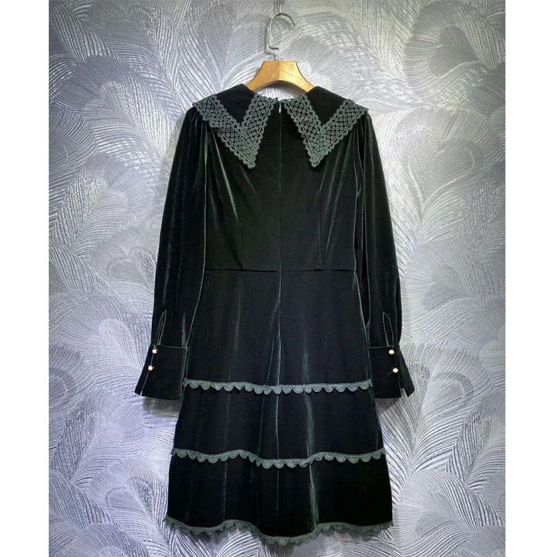 SEQINYY Loose Velvet Dress 2020 Autumn Winter New Fashion Design Women Lace Embroidery Flowers High Quality Mini Runway