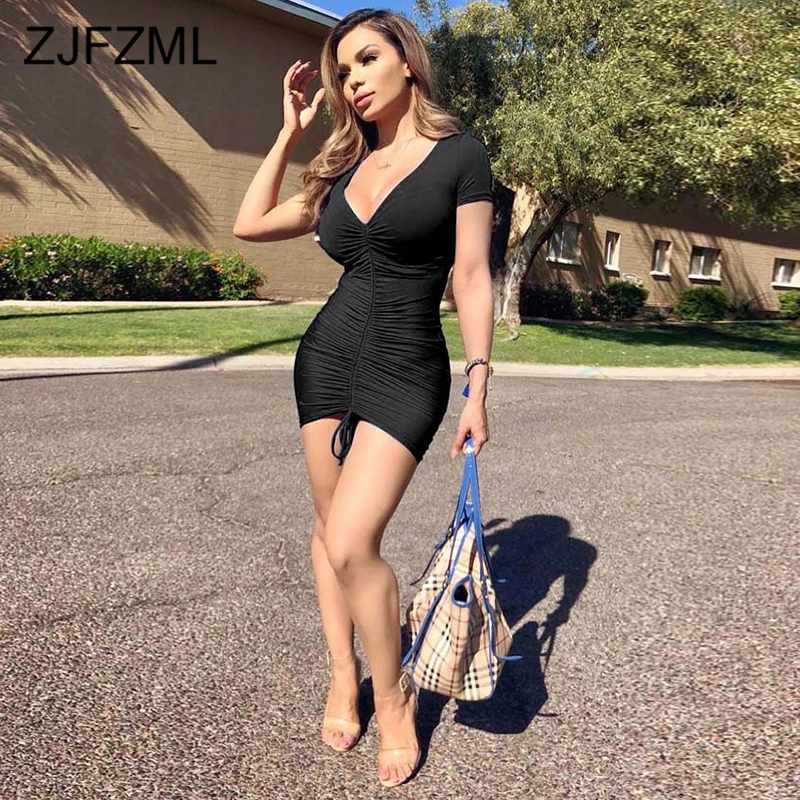 

Pleated Drawstring Sexy Wrap Mini Dresses Women Deep V Neck Bodycon Package Hip Dress Summer Short Sleeve Solid Bandage Dress