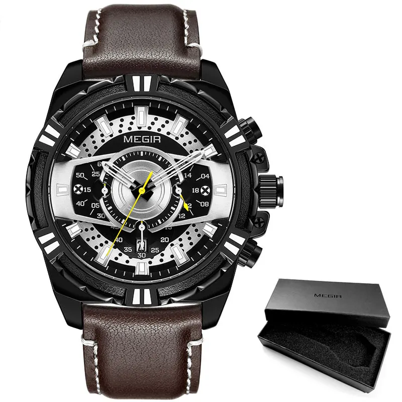 MEGIR Мужские кварцевые часы Новые Роскошные Топ брендовые Хронограф военные спортивные кожаные Наручные часы мужские часы 2118 розовые - Цвет: ML2118G-Black