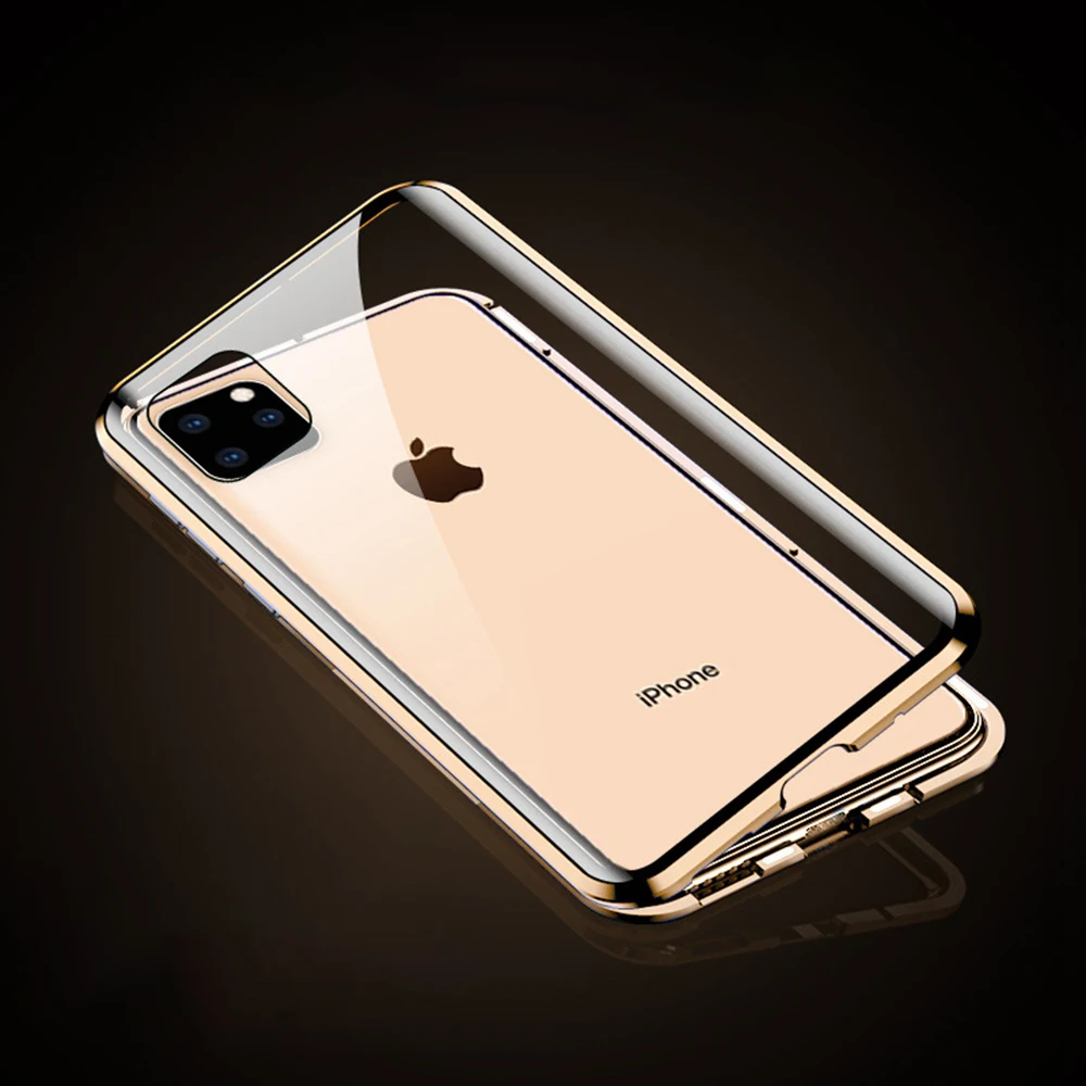 OTAO, металлический магнитный чехол для iPhone 11 Pro MAX, двухсторонний стеклянный Магнитный чехол на заднюю панель для iPhone 11, полный Чехол, флип-чехол